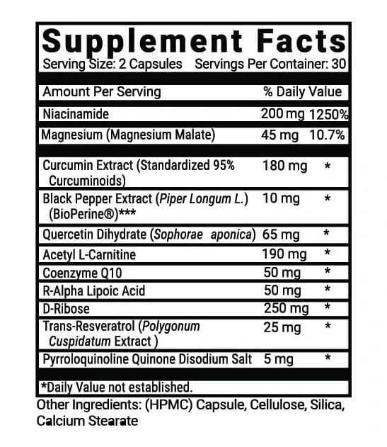 Advanced Mitochondrial Formula Supplement Facts label showing the active ingredients and amounts