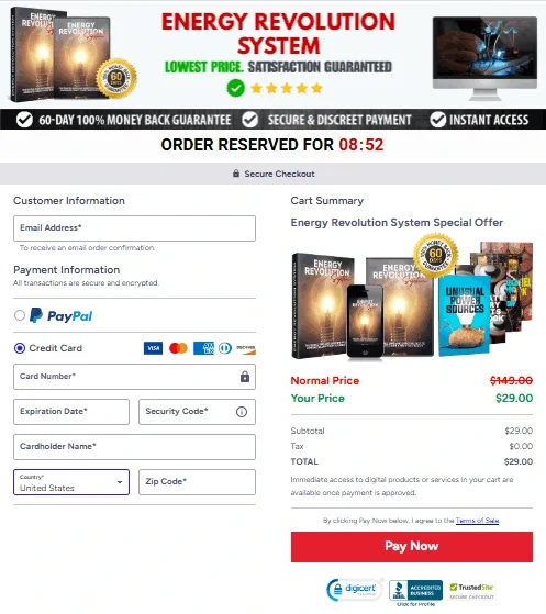 Energy Revolution System $29 checkout offer showing digital program and payment options